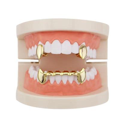 European & American Hip-Hop Glossy Gold Vampire Canine Braces with Tiger Teeth Design