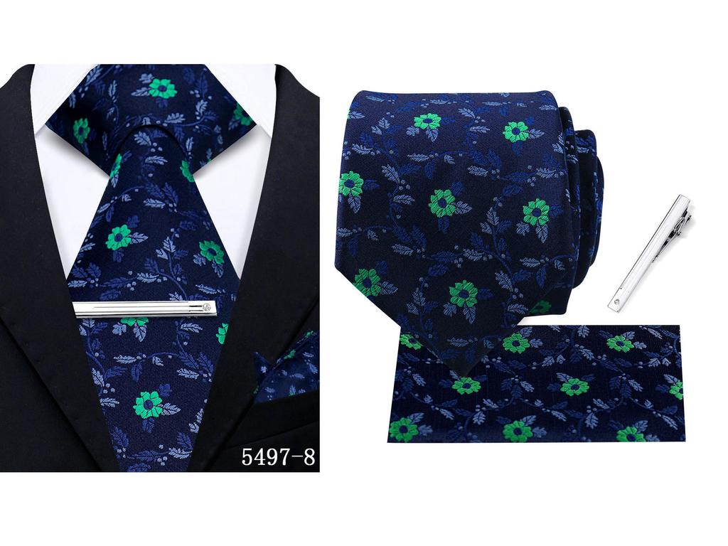 Men's Retro Floral Tie, Pocket Square & Tie Clip Set for Weddings