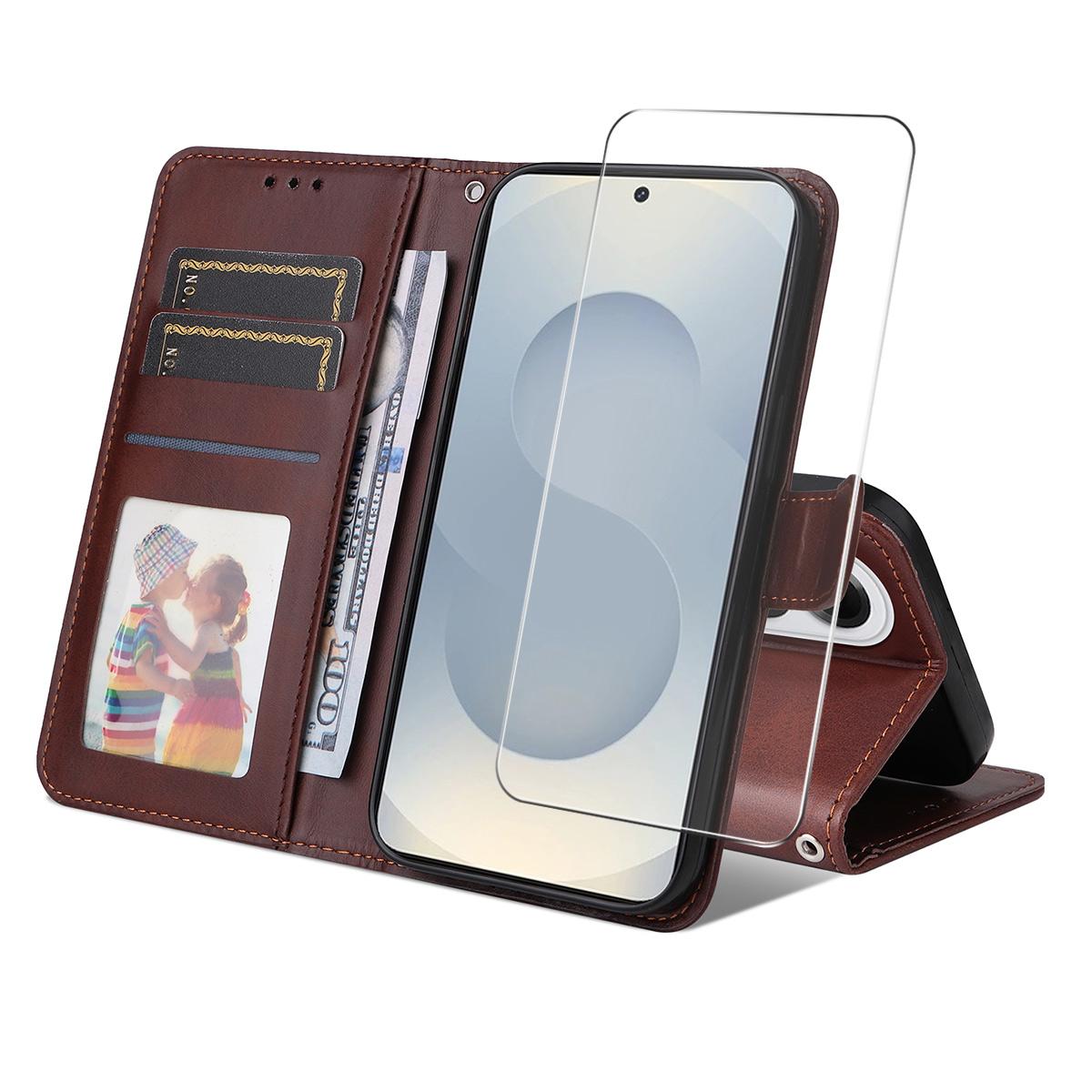 

For Samsung Galaxy S25 Edge PU Leather Wallet Case ENKAY HAT PRINCE Phone Stand Cover with Tempered Glass Brown