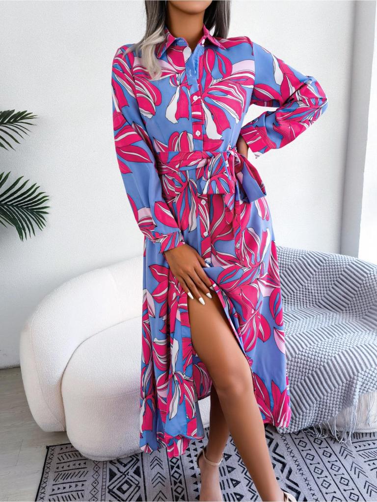Abito Stampato con Colletto Revers Bottoni Vita Alta Elegante Abito Camicia per Donna Manica Lunga Abiti Ampi Abito Casual