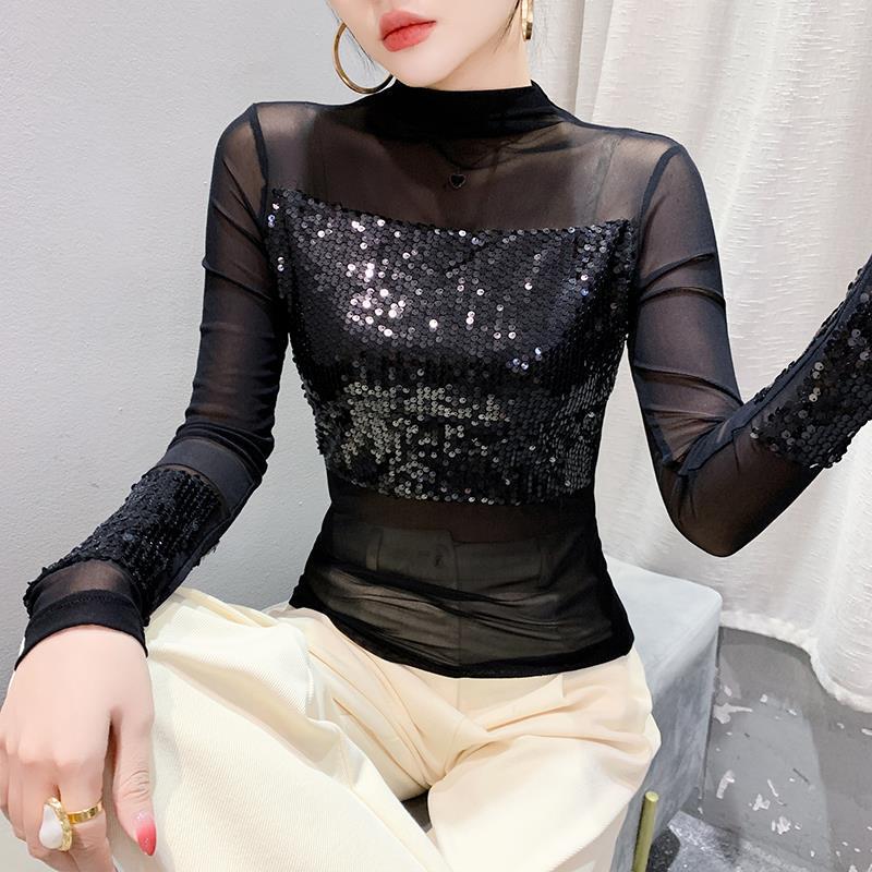 European Style 2024 Sequin Slim Fit Long Sleeve T-shirt for Women