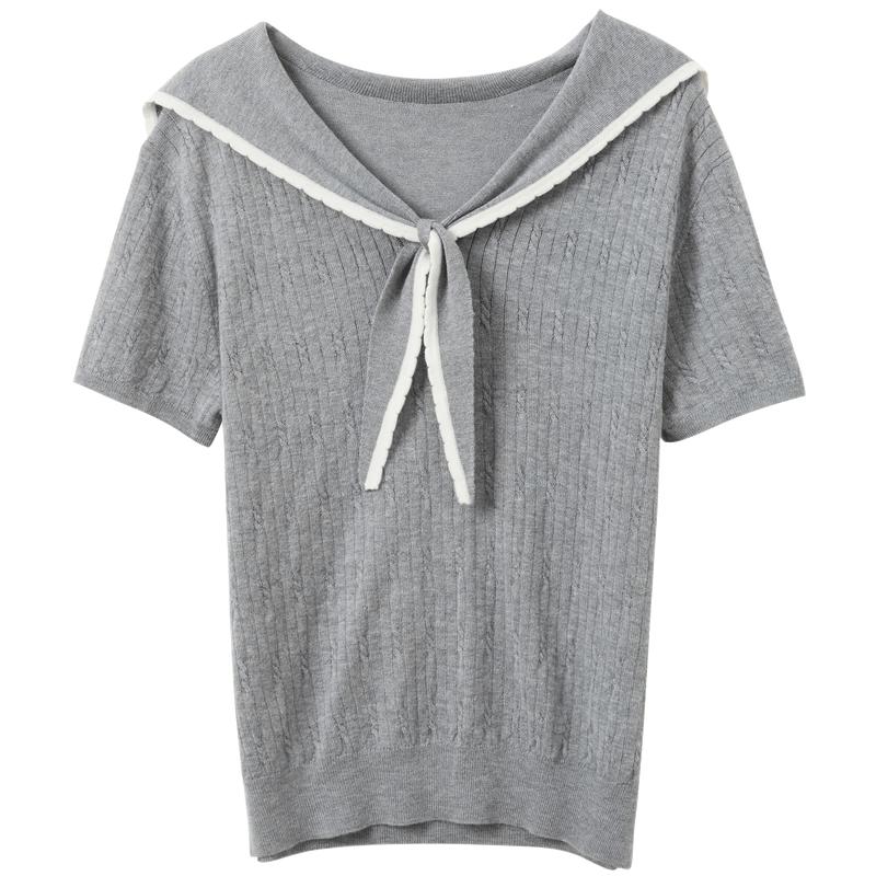 

Women s Plus Size Cable Knit Short Sleeve Navy Collar Top L