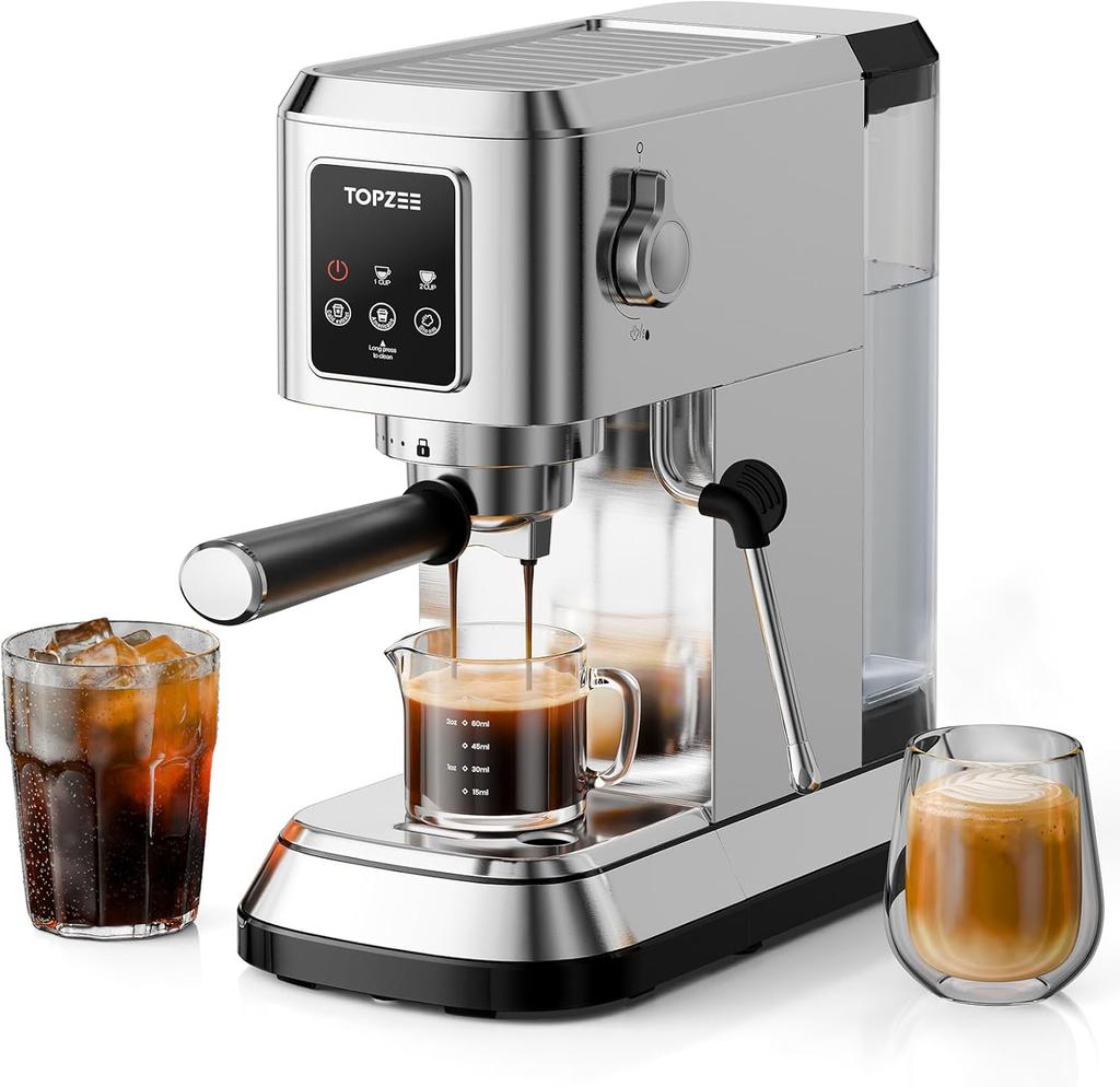 Espressomaschine 20 Bar, Kompakter Kaffeevollautomat mit Milchaufschäumer & Cold Brew, 1,5-Liter-Tank, Edelstahl Cappuccino Latte Maker,