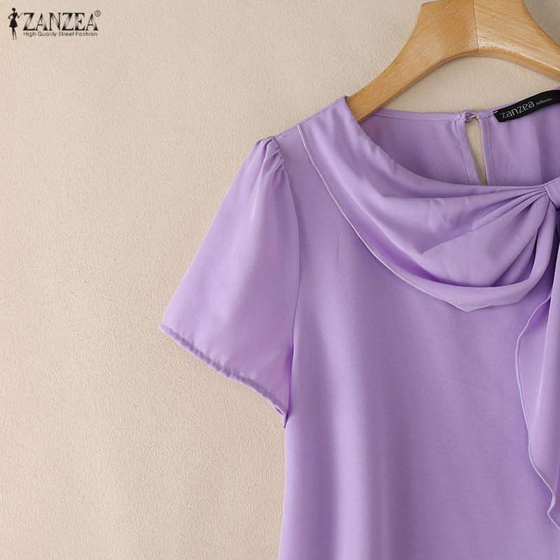 ZANZEA Women Elegant Round Neck Casual Short Sleeve Blouse