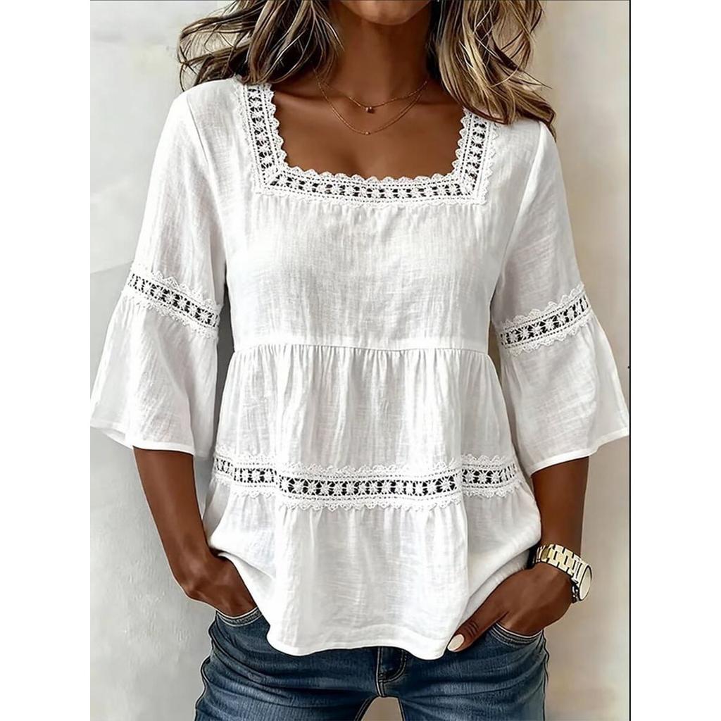 Zomer Dames Effen Linnen Katoen Vierkante Hals Top Kant Patchwork Driekwart Mouw Casual Blouse