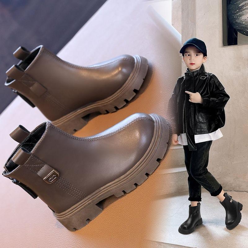 Girls boots 2025 new autumn and winter foreign style Martin boots little girl fashion leather boots children's velvet short boots