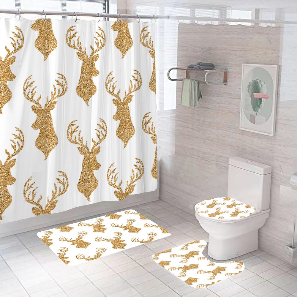 3D Christmas Elk Bathroom Curtain Merry Christmas Shower Curtains Xmas Decor Anti-Slip Carpet Bath Mats Rugs Toilet Lid Cover
