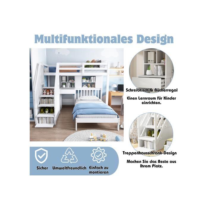 Pat de copil - MUVOE - 90x200 - Alb - Birou și etajeră integrate - 2 locuri