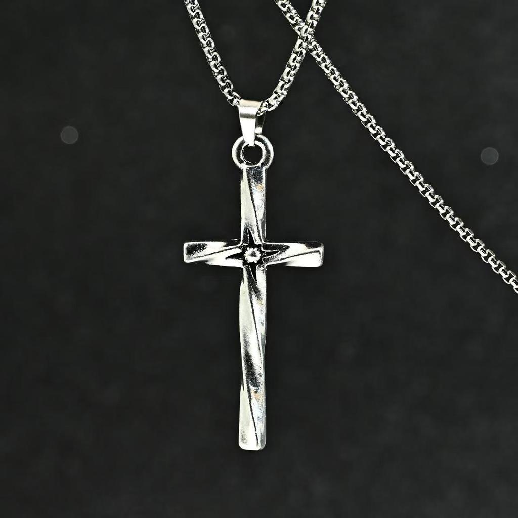 Trendy Titanium Steel Spiral Cross Pendant Necklace - Cold Style, Versatile Hip Hop European and American Twist Design