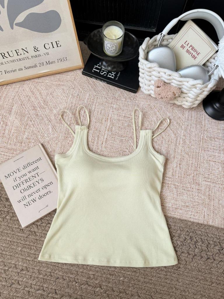 Korean Style Sexy Solid Color Padded Camisole with Double Shoulder Straps for Women - Comfortable One-Piece Inner Wear.
