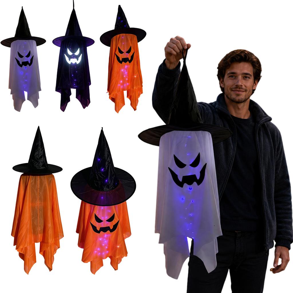 Halloween Hanging Ghost Decoration with Witch Hat and LED Lights for Indoor Outdoor Party Haunted House Yard Hanging Decor