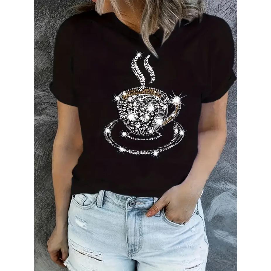 3D Print Round Neck Short Sleeved T-shirt for Women Cup Black Letters Tees Breathable Polyester Stretch Comfortable for Everyday