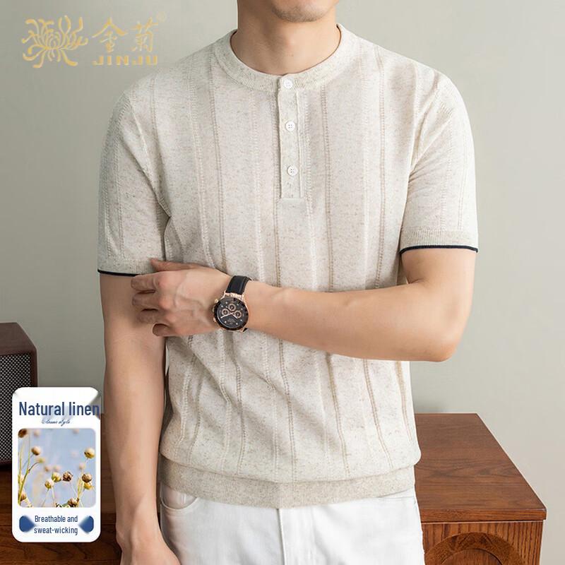 

Men s High-End Striped Tencel Linen Blend Short-Sleeve Knit T-Shirt L