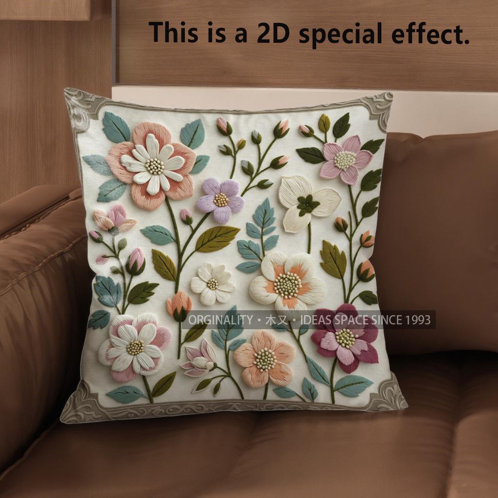 2D Vintage Embroidered Style Floral Throw Pillow Covers Pattern Cushion Cover Suitable For Sofa Bedroom Car Pillow Cover