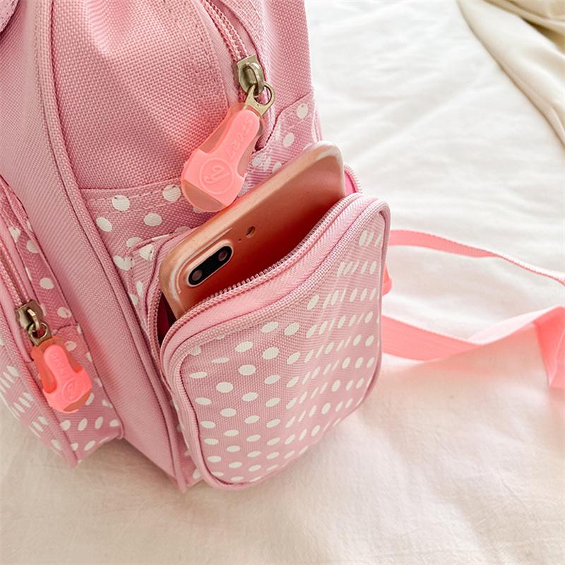 Mochila Escolar Kawaii para Crianças Bordado de Morango Fofo Mochila de Estudante Bolinhas Múltiplos Bolsos Nylon Moda Faculdade Para Menina Adolescente