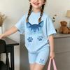 Girls Fashionable Shorts Set with Cat Paw Print Pattern Summer Outdoor Casual Short Sleeved Shorts Set Perfect for Outdoor