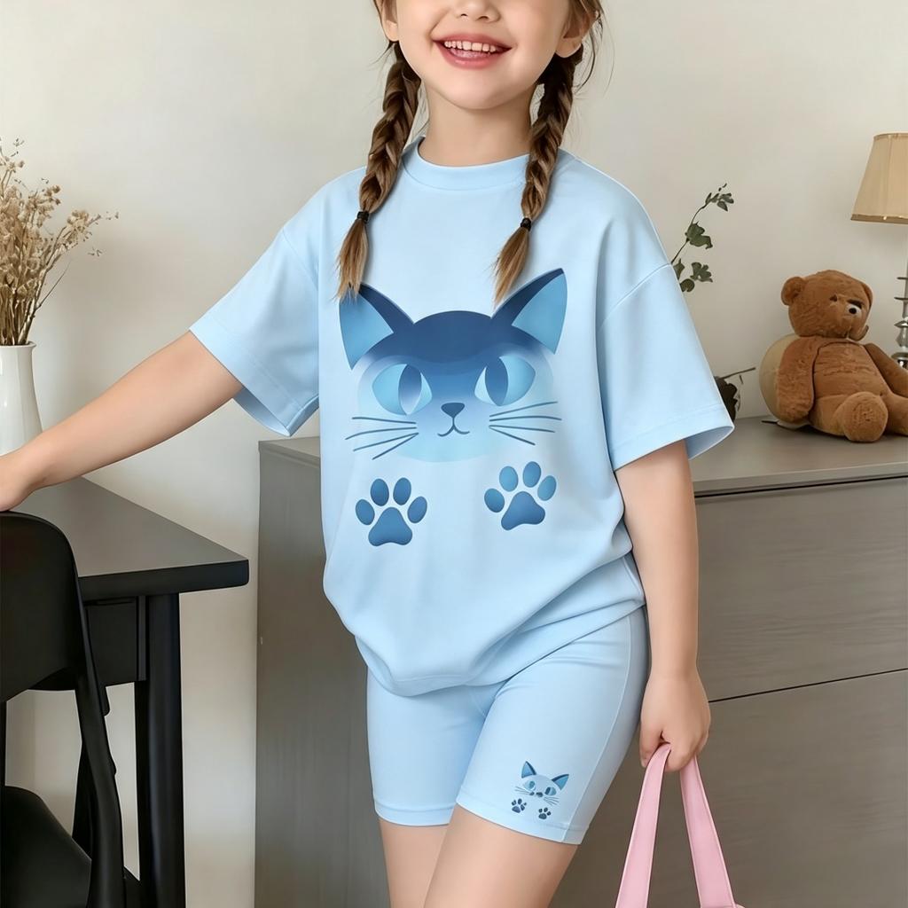 Girls Fashionable Shorts Set with Cat Paw Print Pattern Summer Outdoor Casual Short Sleeved Shorts Set Perfect for Outdoor