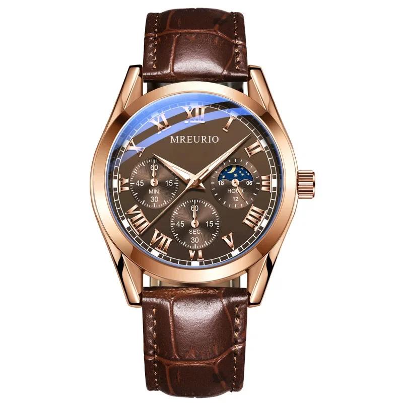 2025 New Brand Men s Quartz Watch Leather Strap Three Eye Luxury Watch Fashion Business Wristwatches Dropshipping коричневый