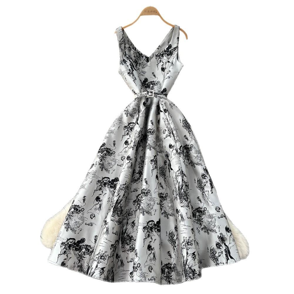 French high-end elegant dress women's autumn straps waist and thin temperament V-neck jacquard big swing dress