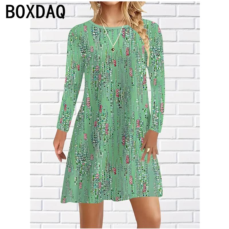 Large Size Women's Dress Autumn Winter Long Sleeve O-Neck Casual A-line Dress 3D Fashion Colorful Stripe Printed Dress Vestidos