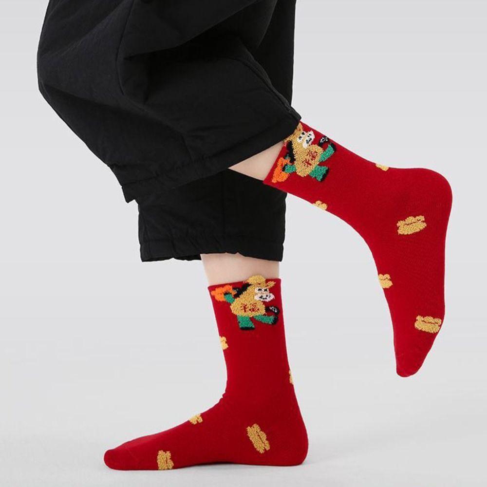5Pairs Mid Tube Chinese New Year Socks Cartoon Horse Red Cotton Socks Zodiac Horse Year Socks  Lady