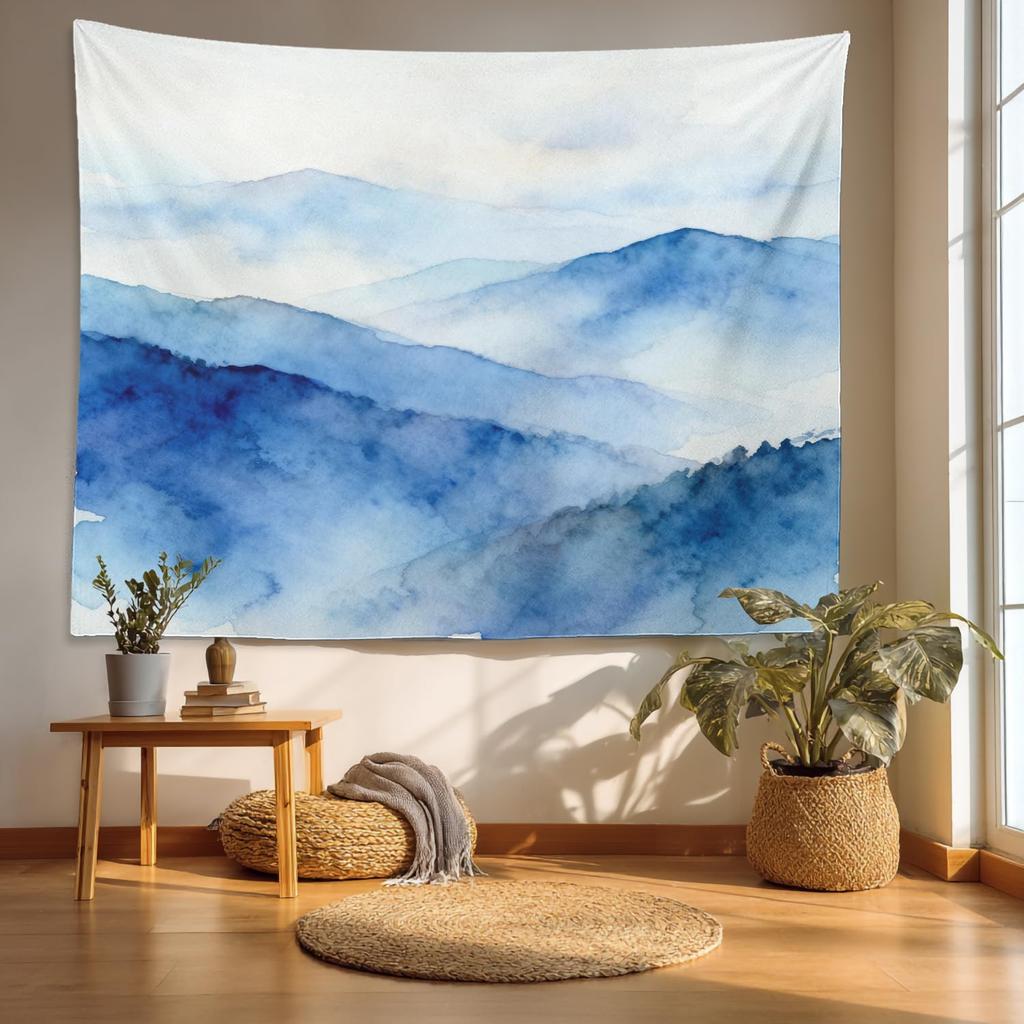 Navy Blue Watercolor Mountains Tapestry, Sky Wall Art Hanging Decoration Polyester Fiber White Ruffled Around For Dorm Room