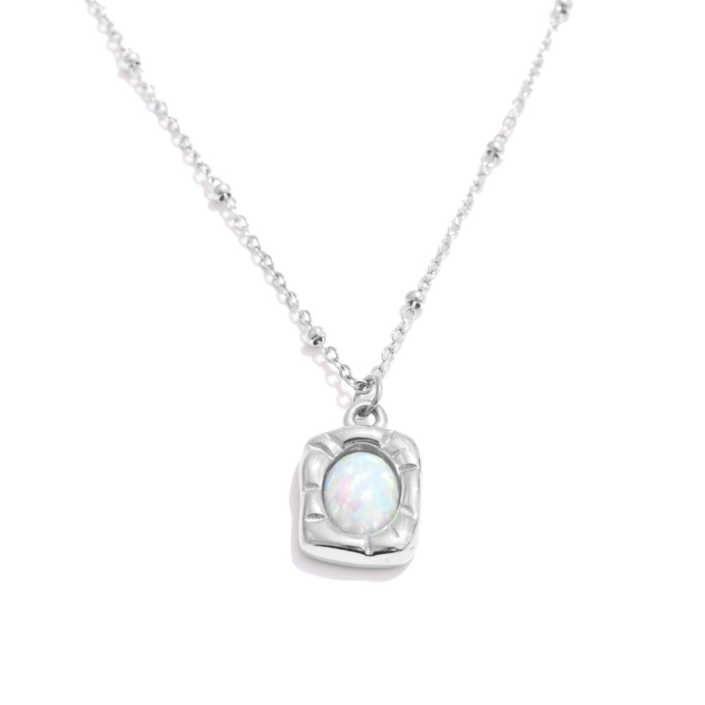 Yhpup High-Grade Imitation Australian Opal Stone Rectangle Pendant Necklace 316L Stainless Steel Arrivals Collar Jewelry