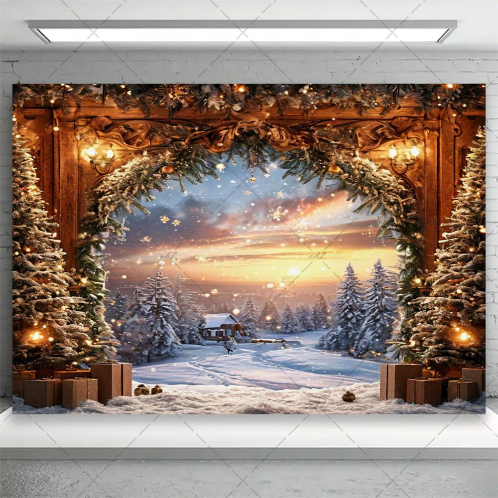 Winter snow scene, white pine forest, artistic background, dreamy glitter bow, family portrait, party decorations4766