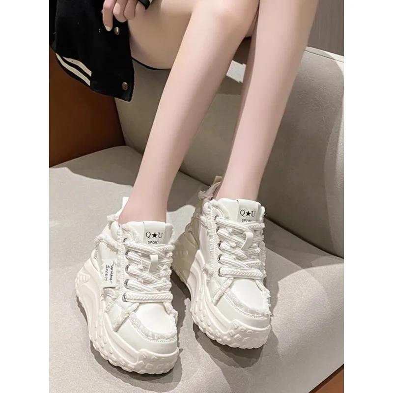 Fashion Autumn Women Platform Shoes Wedge Heels 10 CM Casual Shoes Height Increasing White Black Sneakers Women Leather Shoes New