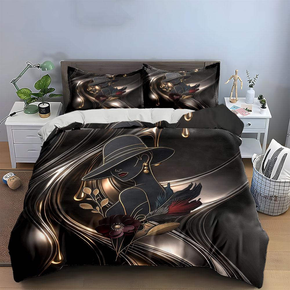 Elegant Lady with Floral Art Bedding Duvet Cover Set Duvet Cover Pillowcases (1*Duvet Cover 2*Pillowcases, Without Duvet Insert)