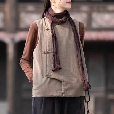 Women Vintage Vests Coats Stand Solid Color Button Plus Cotton Clothes Autumn Warm Chinese Style Vests