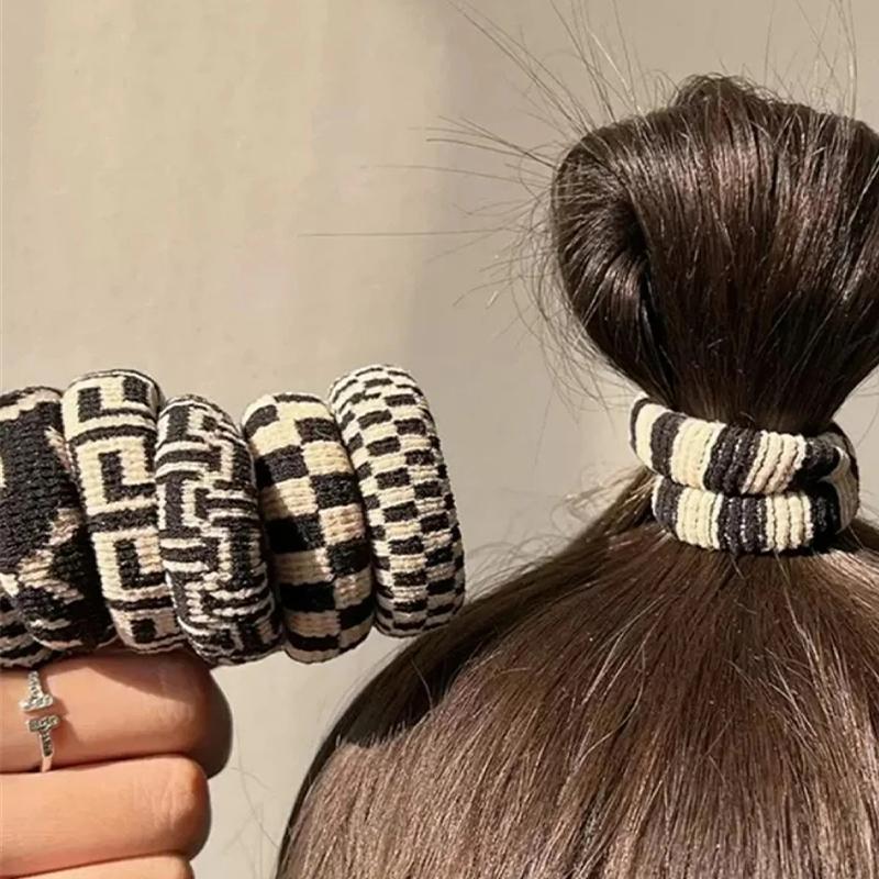 5Pcs Korean High Elasticity Seamless Hair Ties Black and White Checkered Traceless Hair Ring Simple and Durable Thick Hair Bands