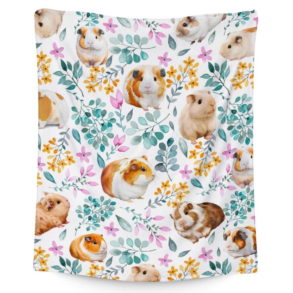 Guinea Pig Flannel Blanket Lovely Cartoon Animal Red Strawberry Blankets for Couch Bed Sofa Pet Hamster Floral Throw Blanket