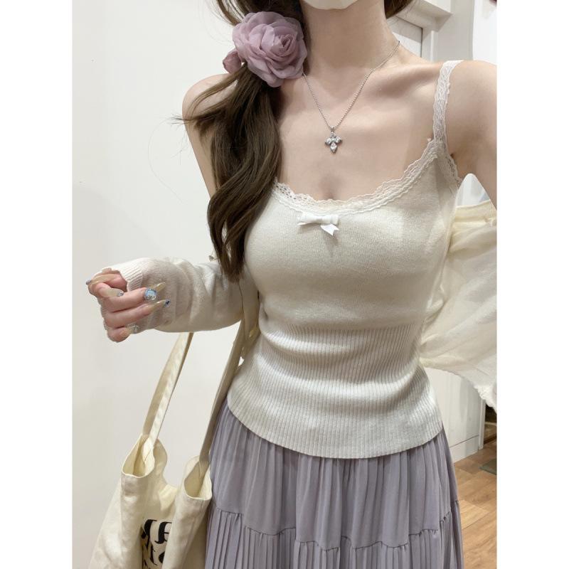 Korean Style Summer Sweet Bow Lace Trim Wool-Blend Knit Camisole Vest