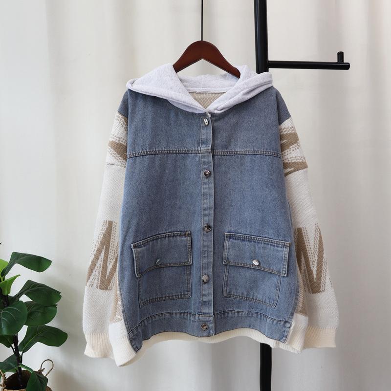 Autumn and winter new hooded splicing denim knitted cardigan design sense loose casual sweater jacket women