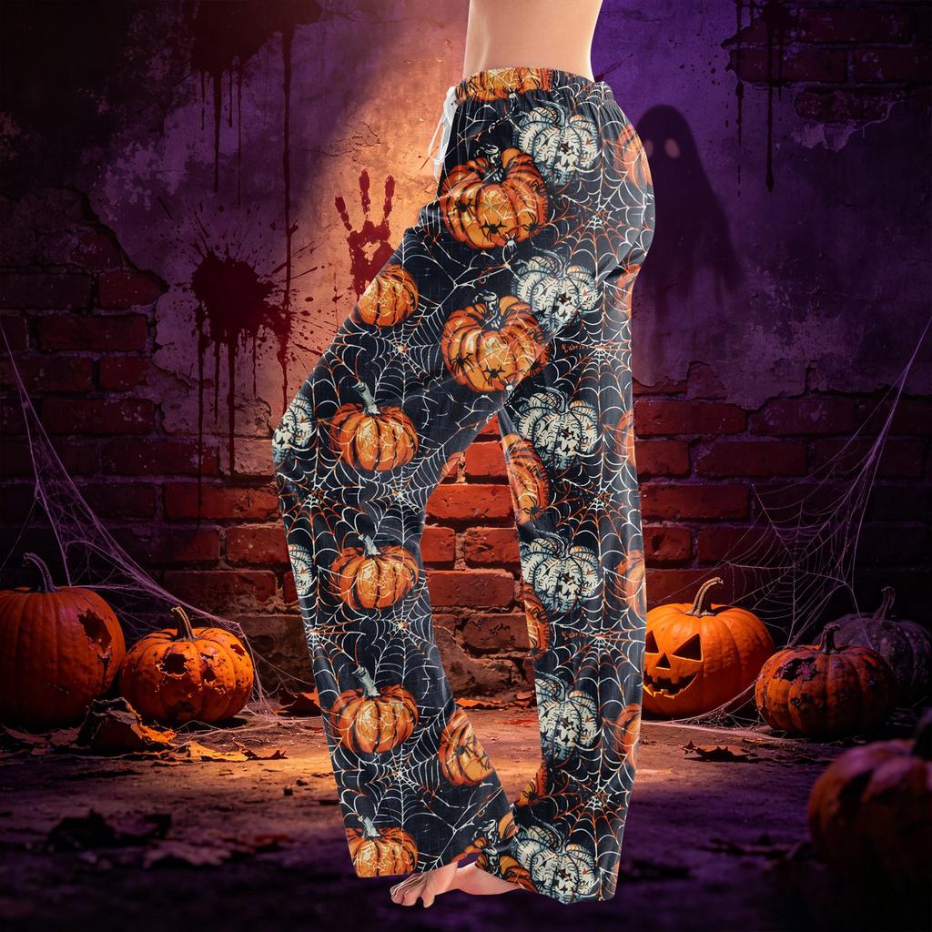 Women’s Drawstring Halloween Printed Long Pants Loose Fit Elastic Waistband Casual Trousers for Daily Wear Outdoor Home