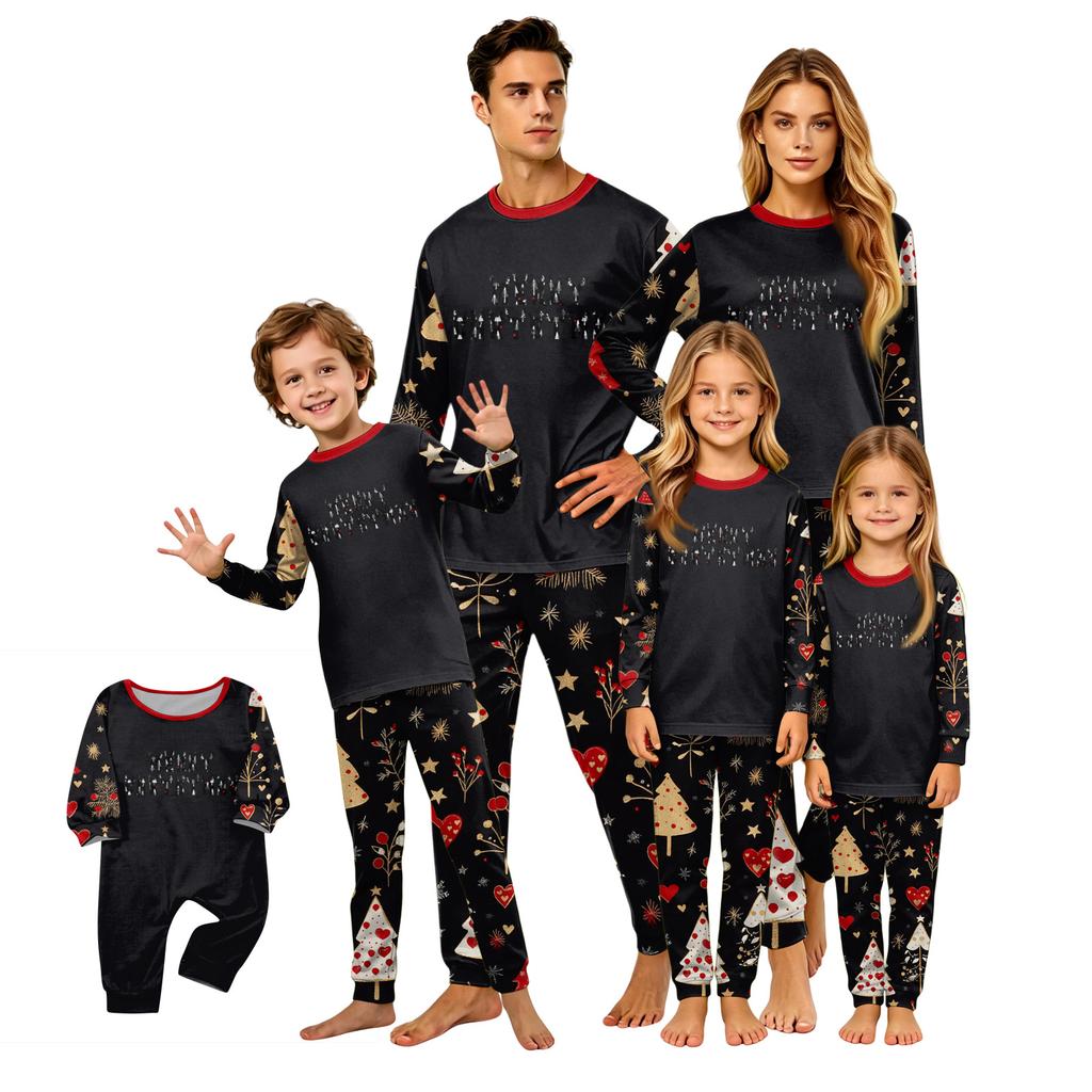 Family Matching Christmas Print Neck Long Sleeve Pajama Set with Pants