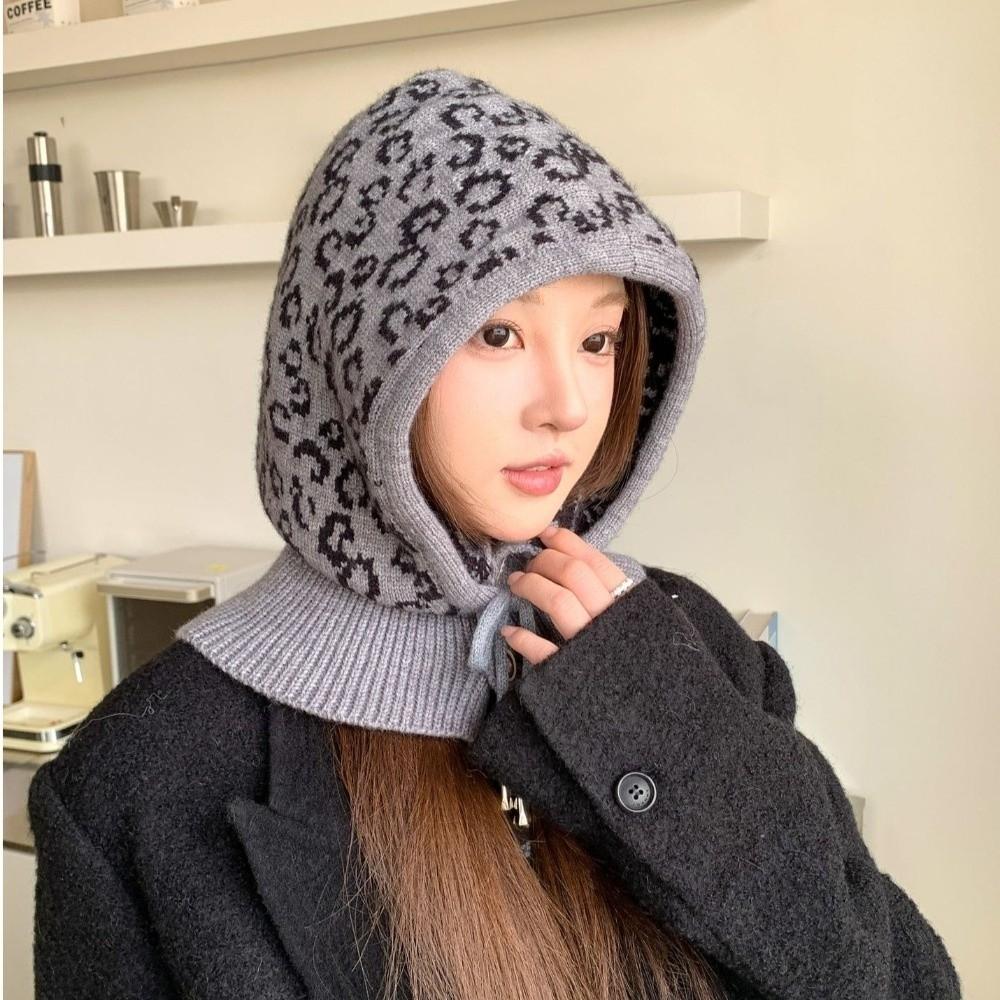 Warm Balaclava Hat Leopard Print Knitted Hooded Cap Fashion Ear Protection Hat Winter/Autumn