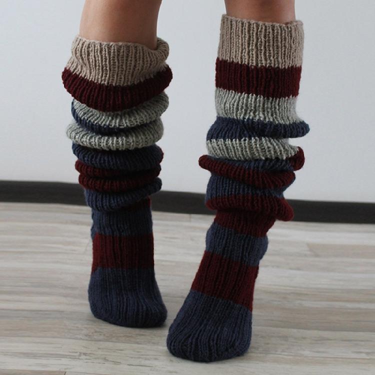 Autumn Slouch Crochet Knitting Colorful Striped Thigh High Long Socks for Women