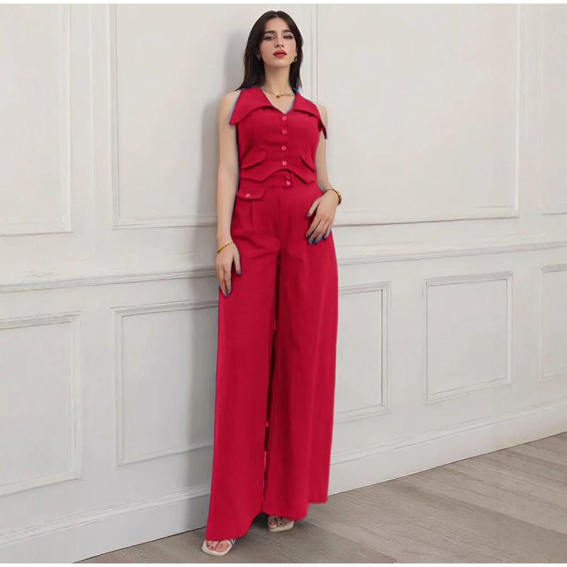 2025 spring and summer new women's solid color blouse sleeveless waist two-piece casual trousers suit