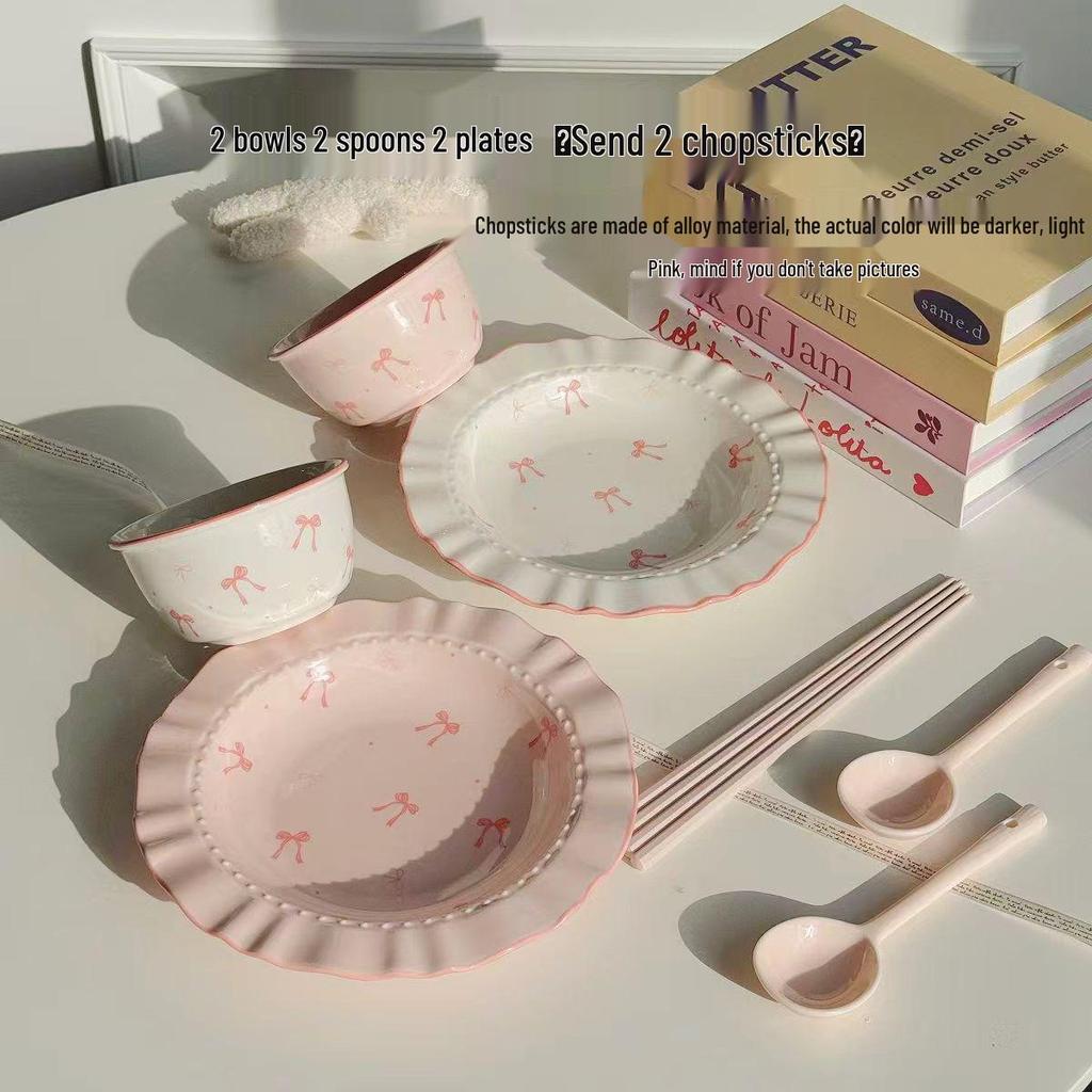 Affascinante Set di Ciotola e Piatto in Ceramica con Fiocco - Stoviglie Carine per Yogurt e Noodles Istantanei
