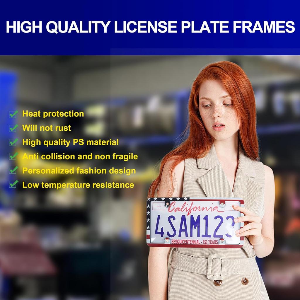 2pcs License Plate Protector Unbreakable License Plate Covers and Frames Set Front and Rear Clear License Plate Cover n Flag License Plate Frames