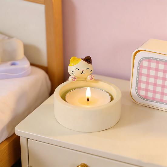 Cat Candle Holder Cute Kitten Warming Paws Tea Light Holder Resin Cartoon Cat Candlestick Ornament Gifts for Cat Lovers Girl Women
