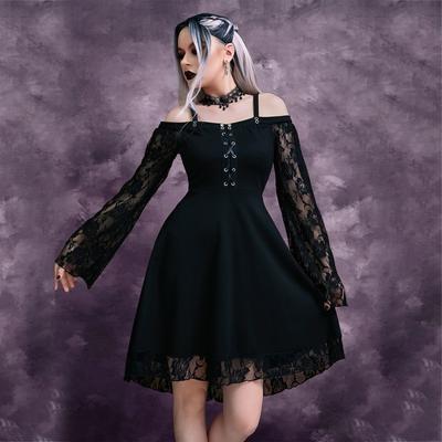 LYRIA Gothic Punk Girls Midi Dress Sexy Lace Patchwork Long Flare Sleeve Dress Women Harajuku Cold Shoulder Strappy Halloween Sundress 5XL