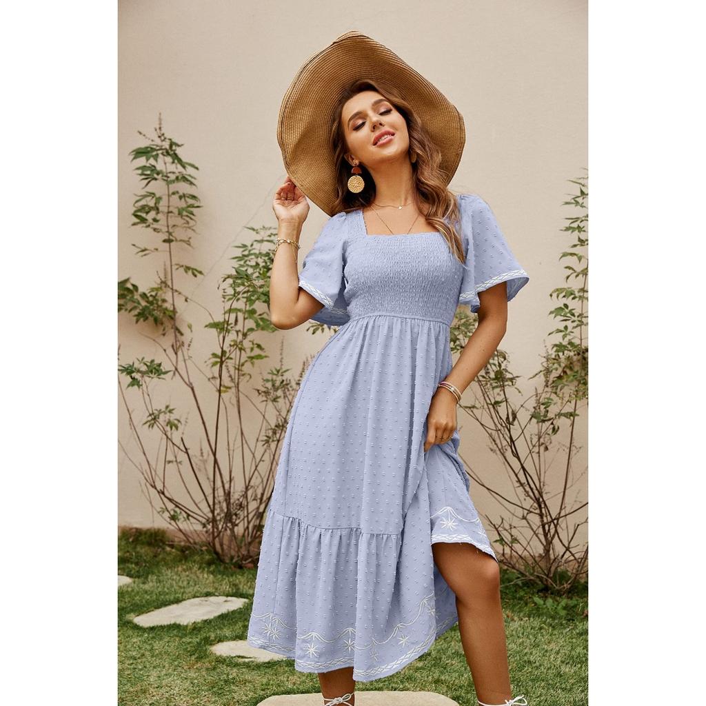 Vestido Largo Maxi de Verano para Mujer, Manga Corta, Fruncido, Cuadrado, Línea A, Fluido