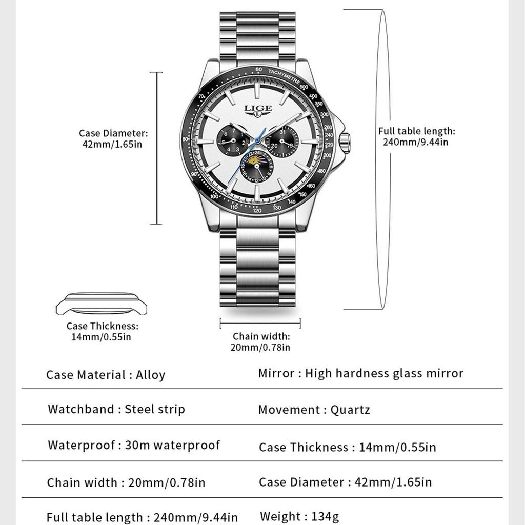 LIGE Unique Dial Quartz Man Watch Stainless Steel Business Luxury Clocks 24-Hour Moon Phase Waterproof Date Week Watches