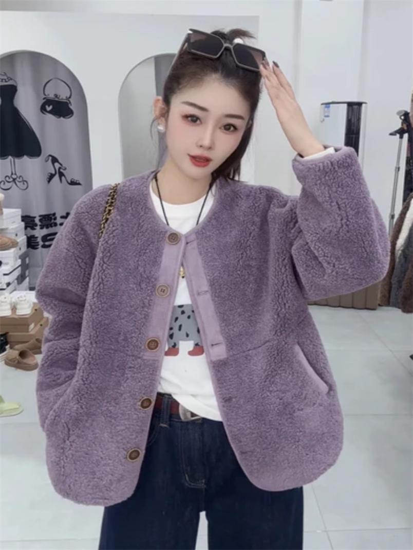 

Short lamb wool coat for women s 2025 autumn and winter new fashionable loose fur integrated wool top XL фіолетовий