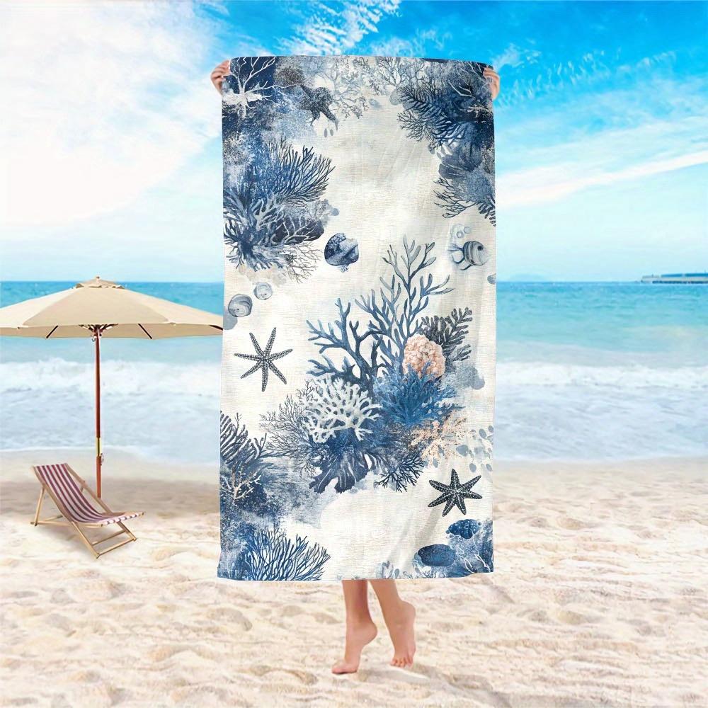 1pc Oversized Microfiber Beach Scarf Ocean Print (starfish, Coral & Shells) Quick-Dry Lightweight Sand-Free Sun Protection Wrap
