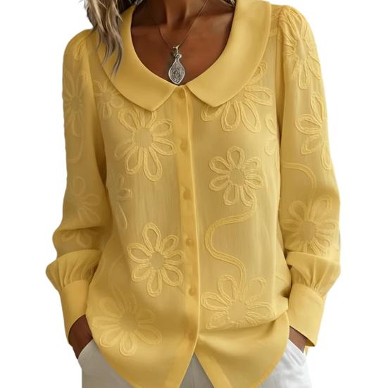 Women Shirt Loose Fit Doll Collar Long Sleeve Buttons Placket Shirt Tops Embroidery Flower Jacquard Pattern Loose Fit Shirt