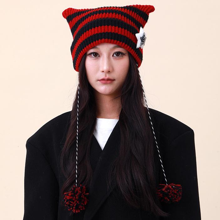 Abi wind cute striped cat ears knitted wool hat women autumn and winter cycling warm ear protection versatile pullover